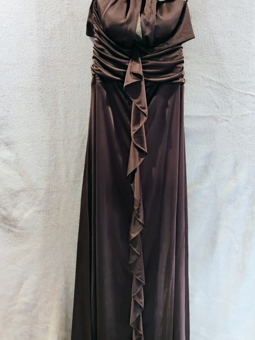 Xscape Brown Ruffle-Front Maxi Dress
